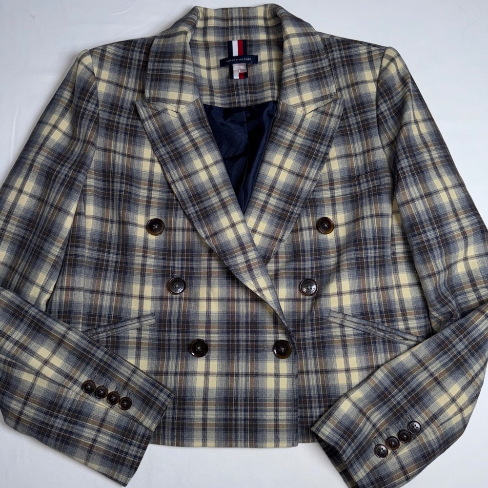 Tommy Hilfiger Plaid Double Breasted Cropped Blazer Blue Tan Brown Womens Size 8